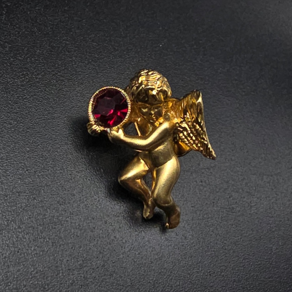 Avon Gold Tone Angel Pin Burgundy Red Rhinestone January Birthstone Vintage